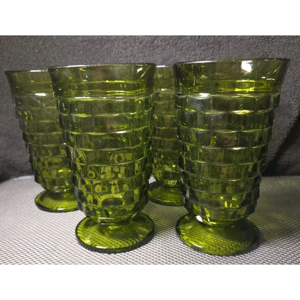 Set 4 VTG Indiana Glass Whitehall Avocado Green Cubist Footed Tumblers Tea 6 In